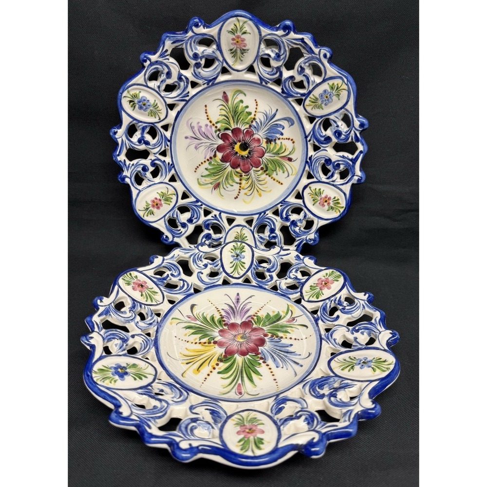 VTG RCCL Handpainted Ceramic Wall Plates From Portugal Blue Floral Lattice Rim
